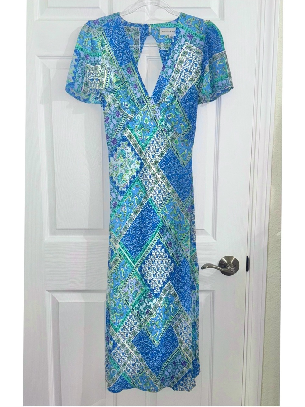 Women’s Blue & Green Geometric Paisley Patchwork Print Maxi Dress - Size Small